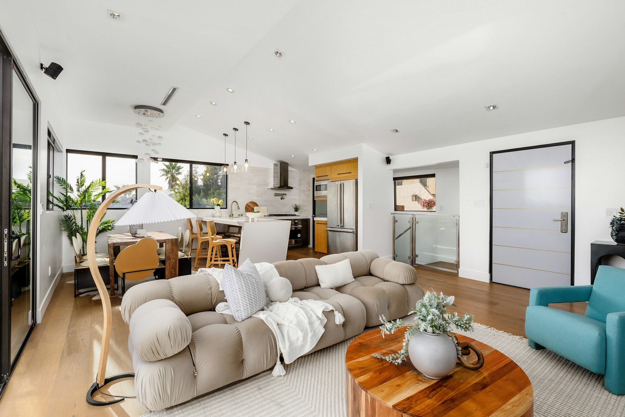 Modern Hollywood Hills home living room in Los Angeles, California, with a remodel of an older house